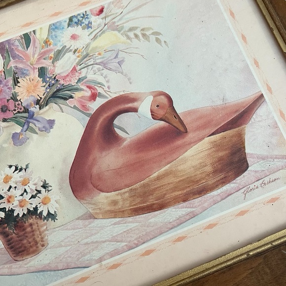 1988 art print goose flower arrangement floral painting wooden frame - Picture 4 of 12